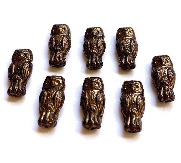 10 Czech glass owl beads - top drilled 7 x 15mm dark bronze metallic pressed glass beads C0034