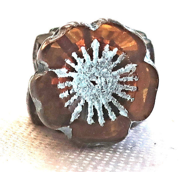 Five 14mm table cut, carved, transparent dark brown, smokey topaz & blue picasso, Czech glass hibiscus Hawaiian flower beads, C05105 - Glorious Glass Beads
