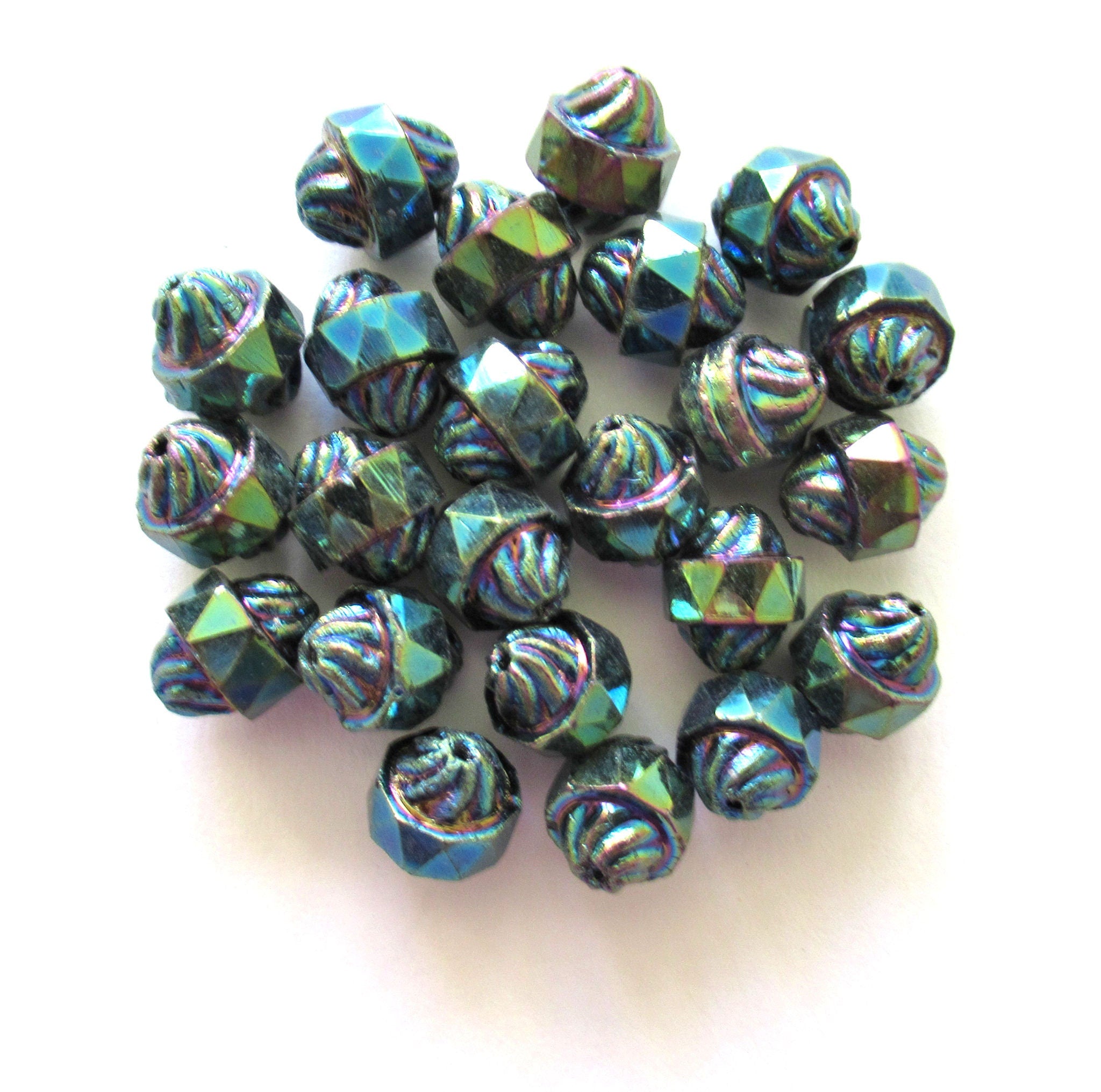 Ten Czech glass turbine, cathedral, saturn beads - iridescent green iris 11 x 10mm beads - C5901
