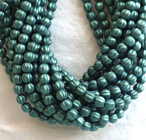 Fifty 5mm Czech glass melon beads, matte metallic light green suede pressed glass beads C9750