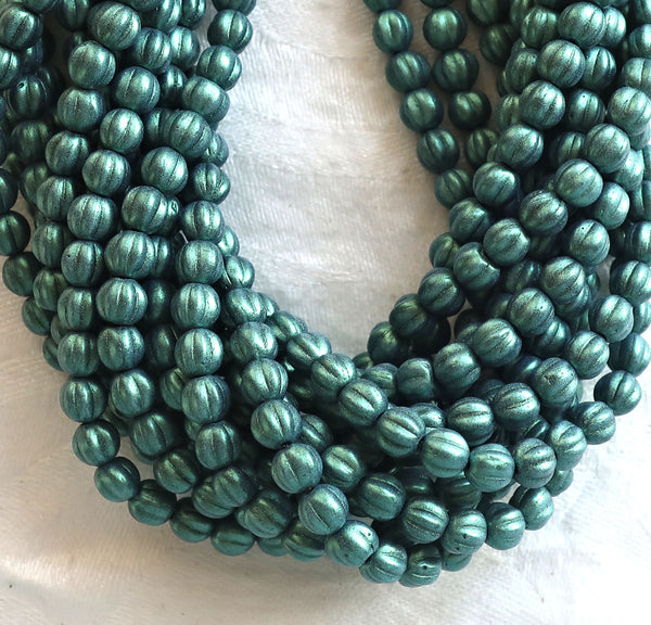 Fifty 5mm Czech glass melon beads, matte metallic light green suede pressed glass beads C9750 - Glorious Glass Beads