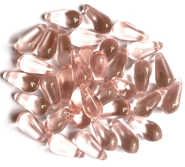 Ten large Czech glass teardrop beads - 9 x 18mm transparent rosaline pink pressed glass side drilled faceted drops six sides C0054