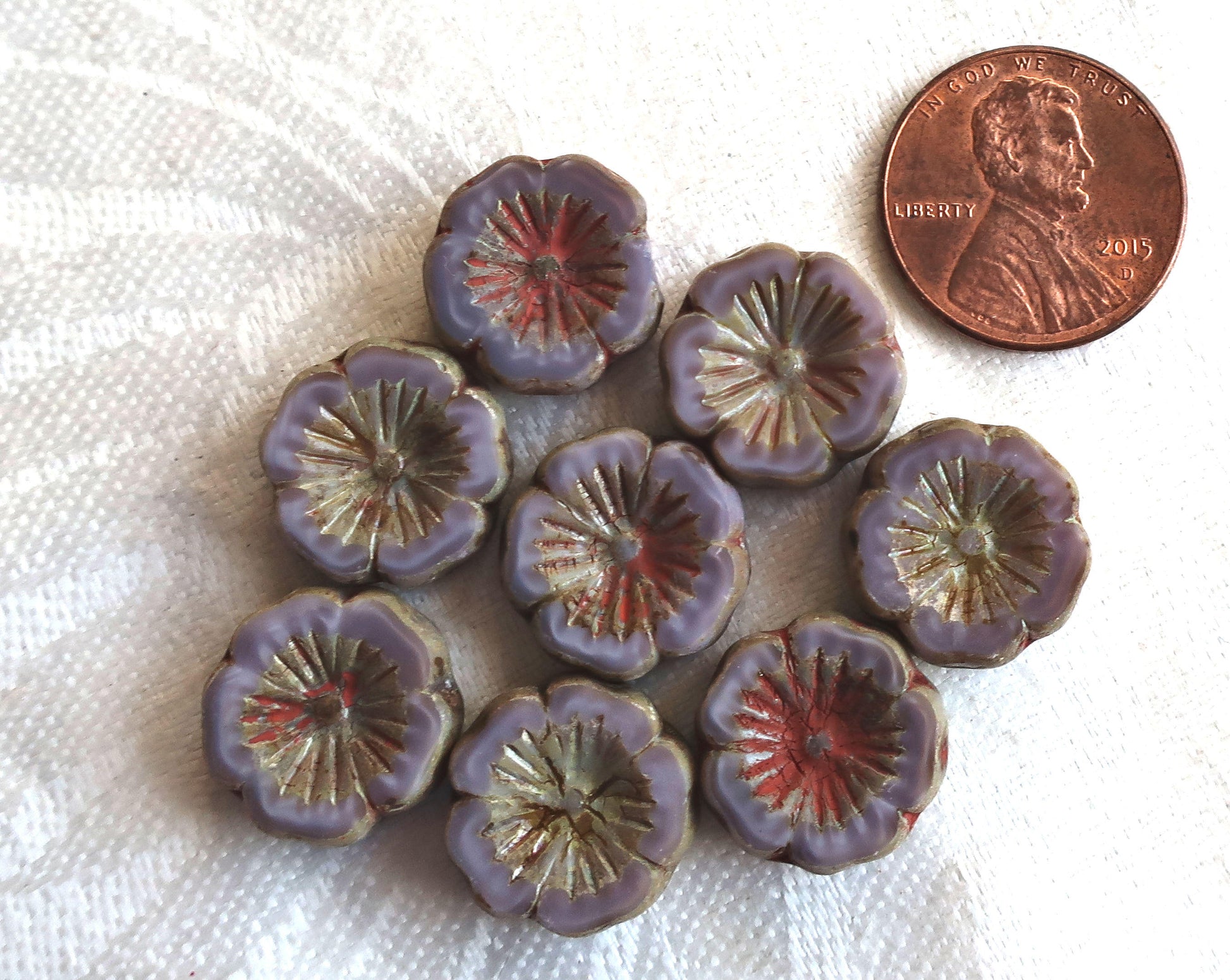 Six 14mm table cut, carved, opaque milky purple, lavender, lilac with red picasso accents Czech glass hibiscus Hawaiian flower beads, C62106 - Glorious Glass Beads