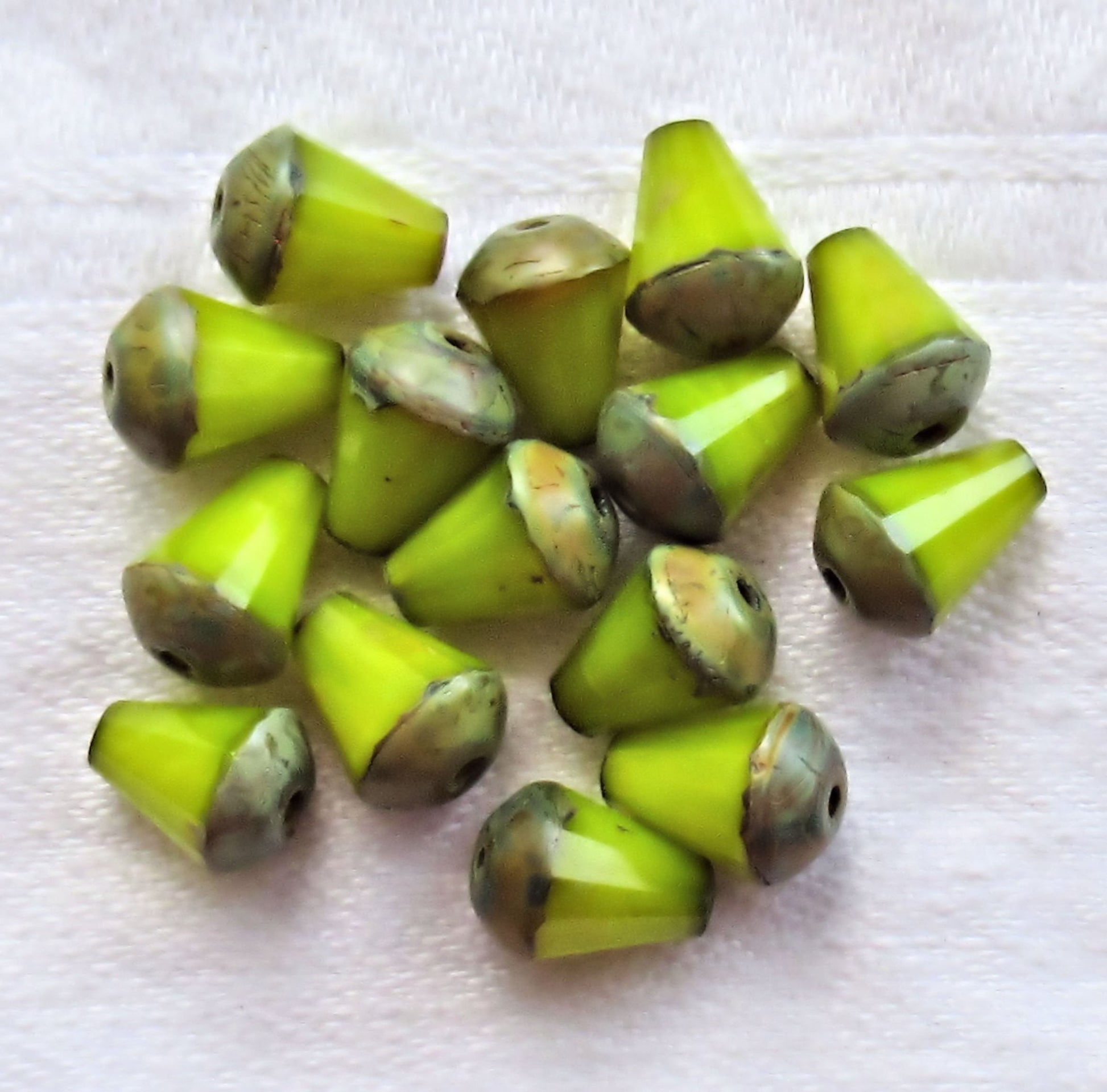 Lot of 15 8 x 6mm Czech glass teardrop beads - opaque silky lime green picasso - special cut, faceted, firepolished beads C05101 - Glorious Glass Beads