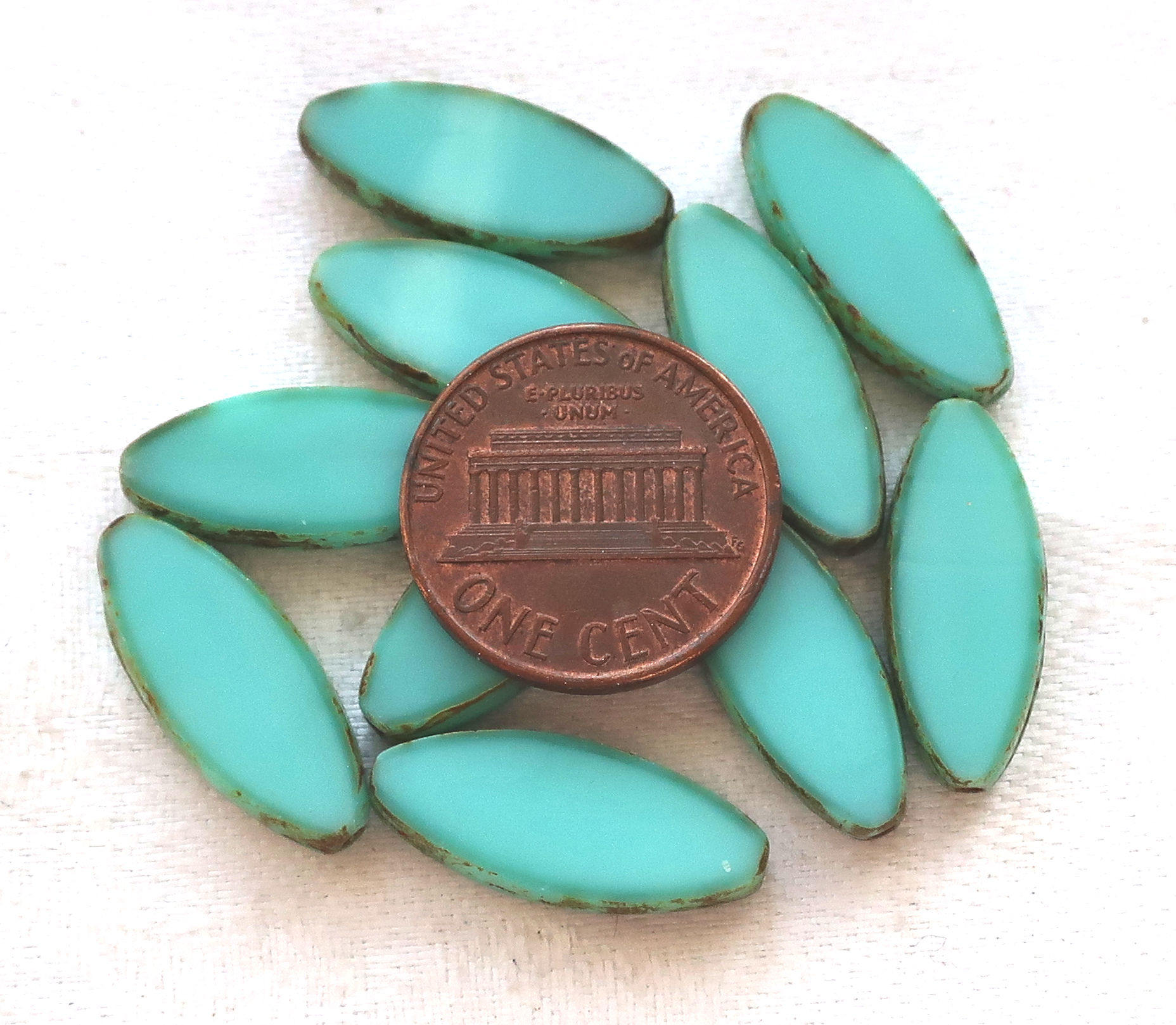 Ten 20 x 9mm, Sea-foam Green oblong, oval, table cut, picasso Czech glass spindle bead, large opaque almond shaped long tube beads C23201 - Glorious Glass Beads