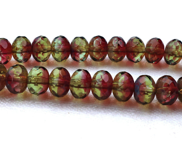 Lot of 25 tourmaline Czech glass puffy rondelles, 6 x 8mm transparent green & amethyst, purple mix, faceted puffy rondelle beads 00301 - Glorious Glass Beads