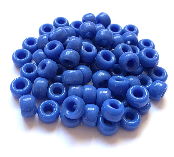 Twenty-five 9mm Czech glass pony, crow, roller beads - opaque blue large hole beads - C0062