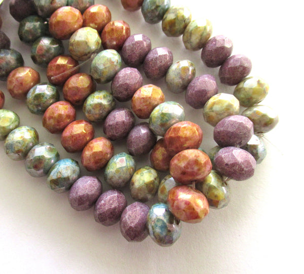 25 Czech glass faceted puffy rondelles - 6 x 8mm opaque color mix w/ picasso accents rondelle beads, 00003