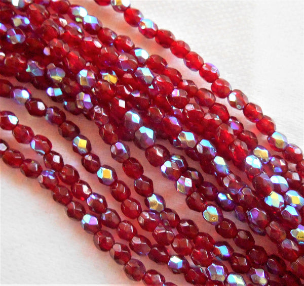 Lot of 50 3mm Ruby Red AB, light garnet AB Czech glass beads, firepolished, faceted round beads, C0084