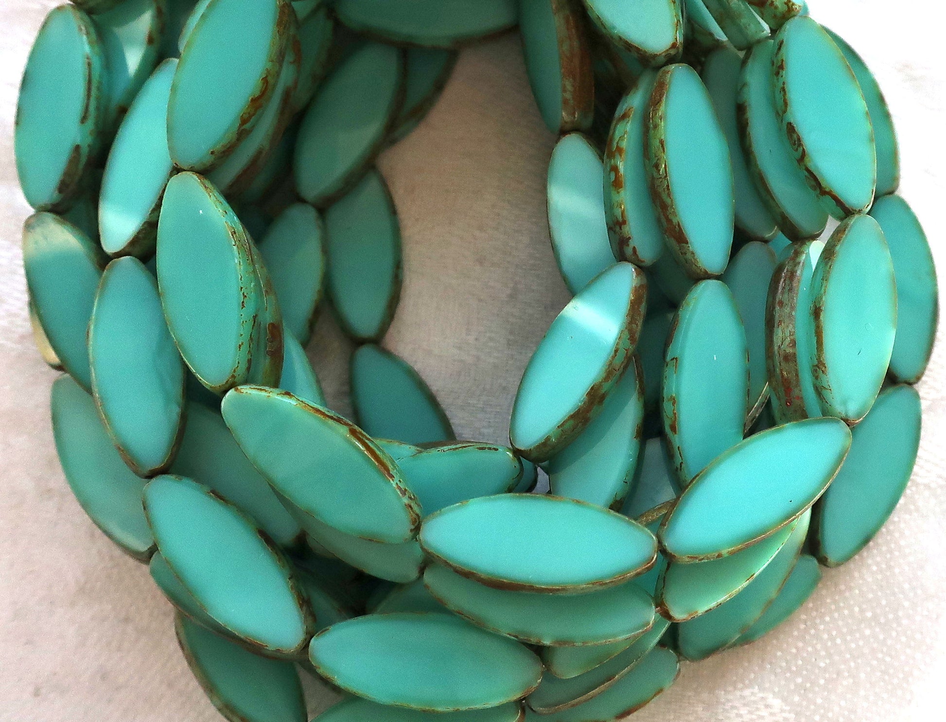 Ten 20 x 9mm, Sea-foam Green oblong, oval, table cut, picasso Czech glass spindle bead, large opaque almond shaped long tube beads C23201 - Glorious Glass Beads