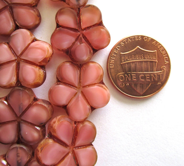 Lot of five Czech glass flower beads - 17mm table cut carved opaque pink, dusty rose with brown picasso accents 00561