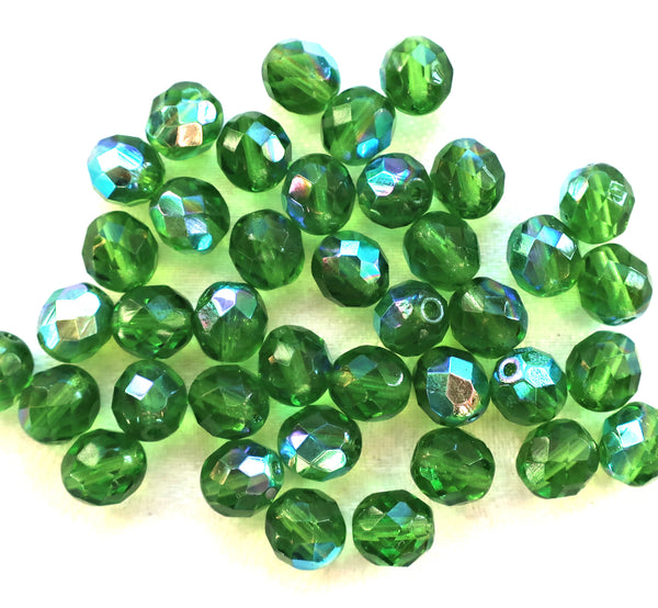 Lot of 25 8mm Peridot Green AB, faceted round firepolished glass beads C1625