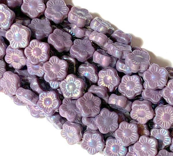 Lot of 25 10mm Czech glass flower beads - pressed glass luster iris opaque amethyst purple flower beads - C0036