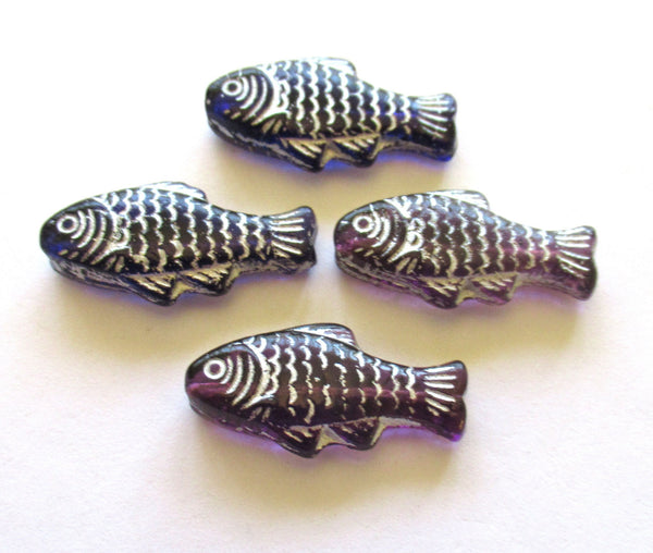 lot of 4 large Czech glass fish beads - 25 x 14mm transparent amethyst purple fish with a silver wash - C0057