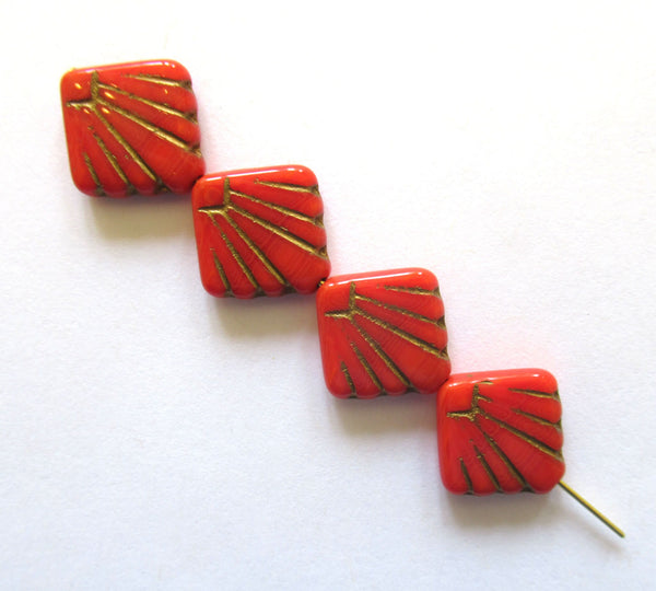 8 Czech glass square fan beads - 17 x 17mm - opaque red beads with a gold wash - C0089
