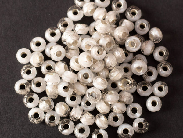 Ten Czech glass faceted ronller beads - 6mm x 8mm silver lined crystal & white tyre bead mix - big 3.38mm hole beads C0008