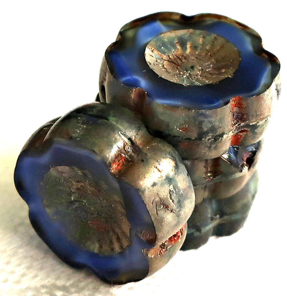 Lot of six 14mm table cut, carved, Czech glass flower beads. opaque, marbled satin, silk, midnight blue picasso Hawaiian flowers C80101 - Glorious Glass Beads