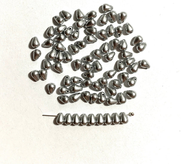Fifty Czech glass teardrop beads - 6 x 4mm matte metallic silver drop or pear beads - C0043