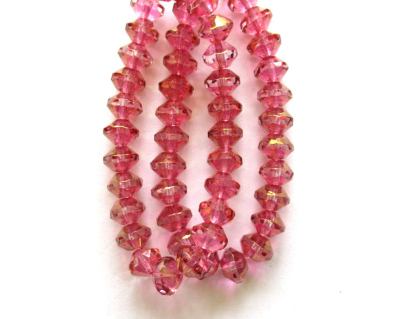 15 pink faceted Czech glass rivoli or saucer beads - 6 x 9mm transparent pink with crystal centers and gold accents - C05101