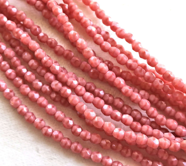 50 3mm Opaque Coral Pink beads, firepolished, faceted, round Czech glass beads, C0085