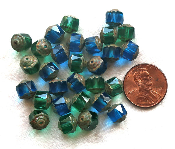 Lot of 10 Czech glass crown picasso beads, 8mm, aqua blue & peridot green mix, faceted, firepolished, antique cut beads C52101 - Glorious Glass Beads