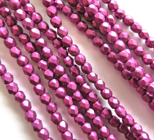 Lot of 50 3mm faceted fire polished Czech glass beads - sueded gold fuchsia / bright pink beads - C0043