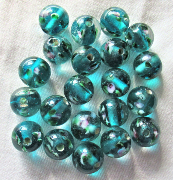 Lot of ten 10mm teal blue green smooth round floral druk beads - made in India glass flower druks C5901