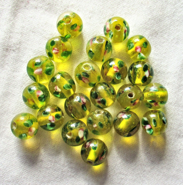 Lot of ten 10mm yellow smooth round floral druk beads - made in India glass flower druks C5801
