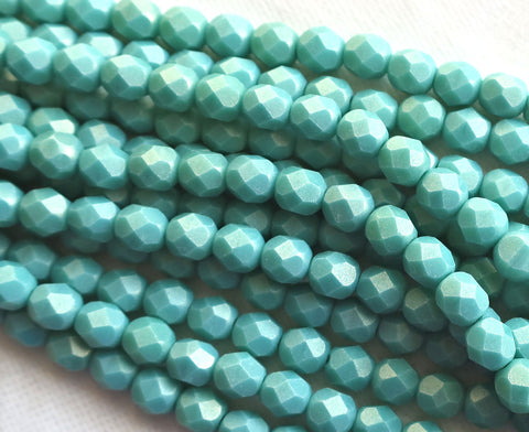 Lot of 25 6mm opaque Sueded Gold Turquoise Blue Czech glass beads, firepolished, faceted round beads, slight frosty gold finish , C1725 - Glorious Glass Beads