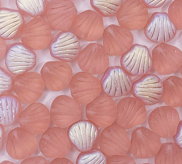 Twenty Czech glass seashell, fan or clam beads - 8mm matte rosaline pink AB shell beads - C0099