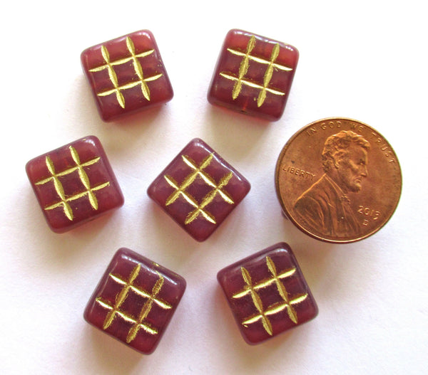 Six large 13 x 13mm square table cut carved Czech glass beads - 6mm thick translucent pink beads with gold accents - 00121