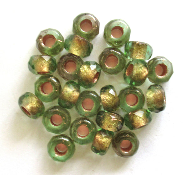 Ten 6 x 9mm Czech glass faceted round roller, rondelle beads - olivine green w/ gold lining - big 3.5mm holes big hole bead C00801
