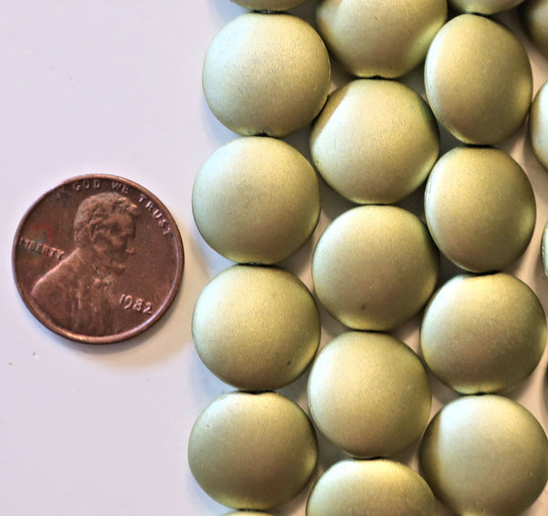 Lot of 8 Czech glass coin beads - 14mm puffy pillow beads - Satin Metallic Chartreuse Gold - C40101 - Glorious Glass Beads