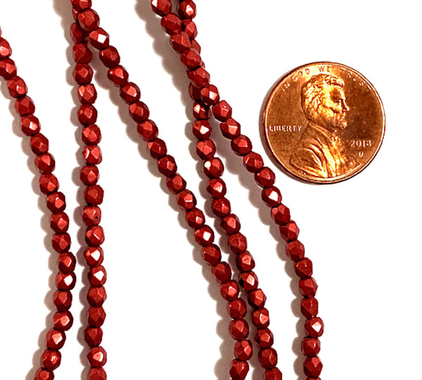 Lot of 50 3mm saturated metallic cherry tomato red Czech glass beads, round, faceted fire polished beads C0076