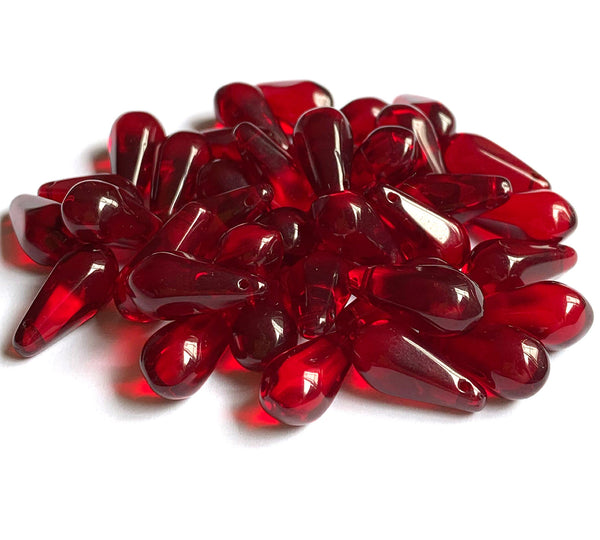 Ten large Czech glass teardrop beads - 9 x 18mm light garnet red pressed glass side drilled faceted drops six sides C0063