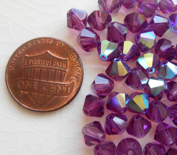 Lot of 24 6mm Amethyst AB Czech Preciosa Crystal bicone beads, faceted glass purple AB bicones C60101