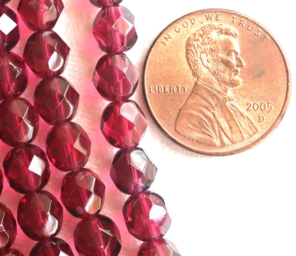 Lot of 25 6mm Czech glass beads, transparent fuchsia, deep, dark pink faceted,, firepolished, round beads 8725 - Glorious Glass Beads