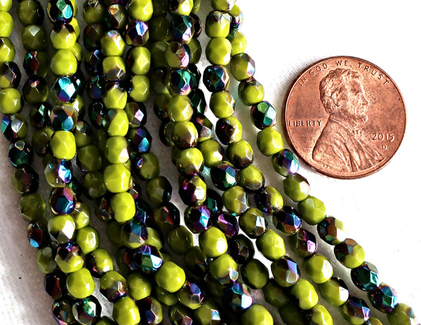 Lot of 50 4mm Opaque Olive Vitral Czech glass beads, olive green firepolished, faceted round beads with a vitral finish, C5625 - Glorious Glass Beads