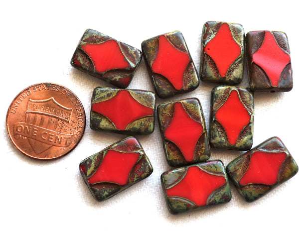 Five 16 x 11mm opaque red Czech glass rectangle beads, , rectangular, carved, table cut beads with a picasso finish C51101 - Glorious Glass Beads