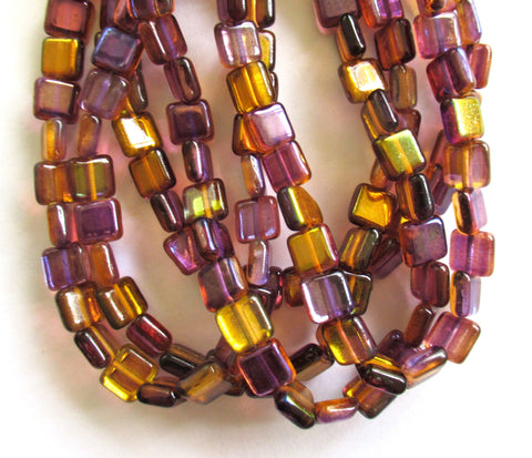 Lot of 30 8mm one hole flat square Czech glass beads - orange and purple beads with an iridescent AB finish C0085