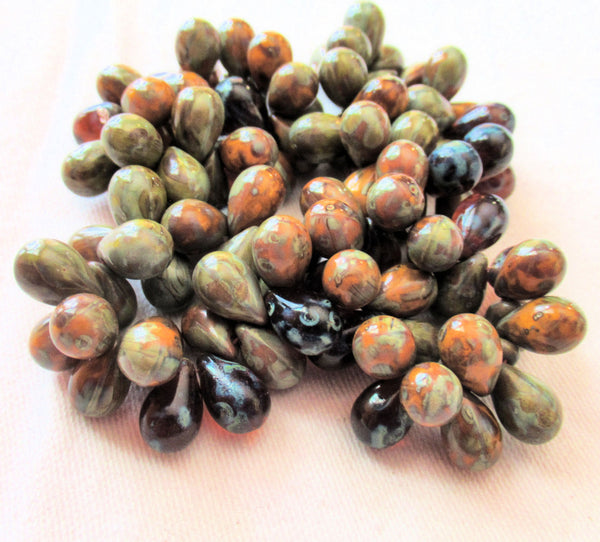 Lot of 25 Czech glass drop beads - transparent & opaque mix of green, orange and brown picasso- smooth teardrop beads - 9 x 6mm C5701
