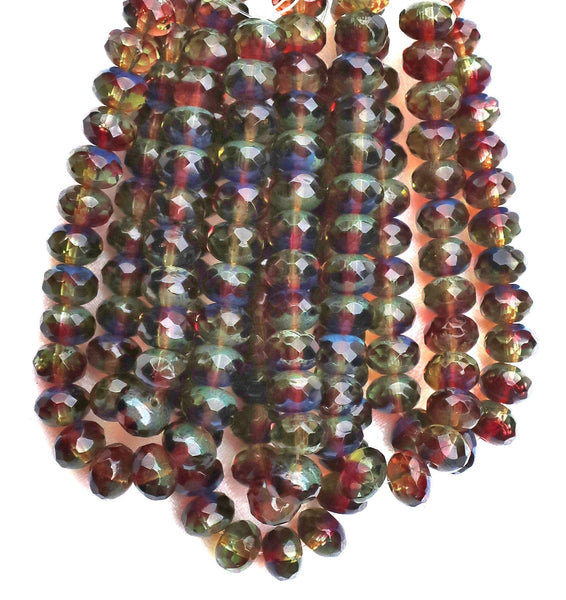 Lot of 25 tourmaline Czech glass puffy rondelles, 6 x 8mm transparent green & amethyst, purple mix, faceted puffy rondelle beads 00301 - Glorious Glass Beads