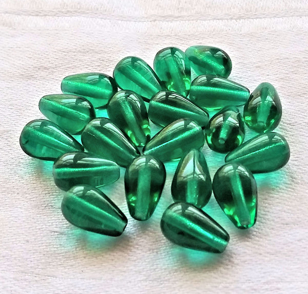 Lot of 25 Czech glass drop beads - center drilled smooth teardrop shaped teal blue green or emerald beads - 10 x 6mm C0054