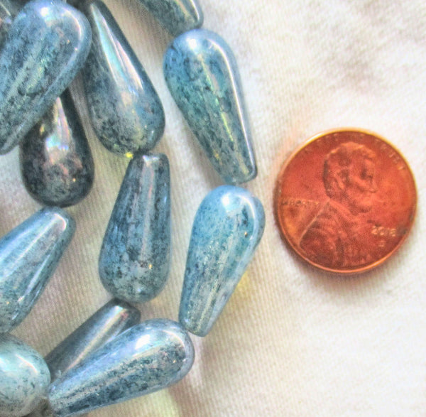 Lot of six Czech glass long teardrop beads - translucent crystal with a splotchy blue finish - 9 x 20mm elongated tear drops 51106