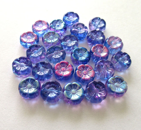 Lot of 15 8mm Czech glass flower beads - purple blue ab color mix pressed flower beads - C0038