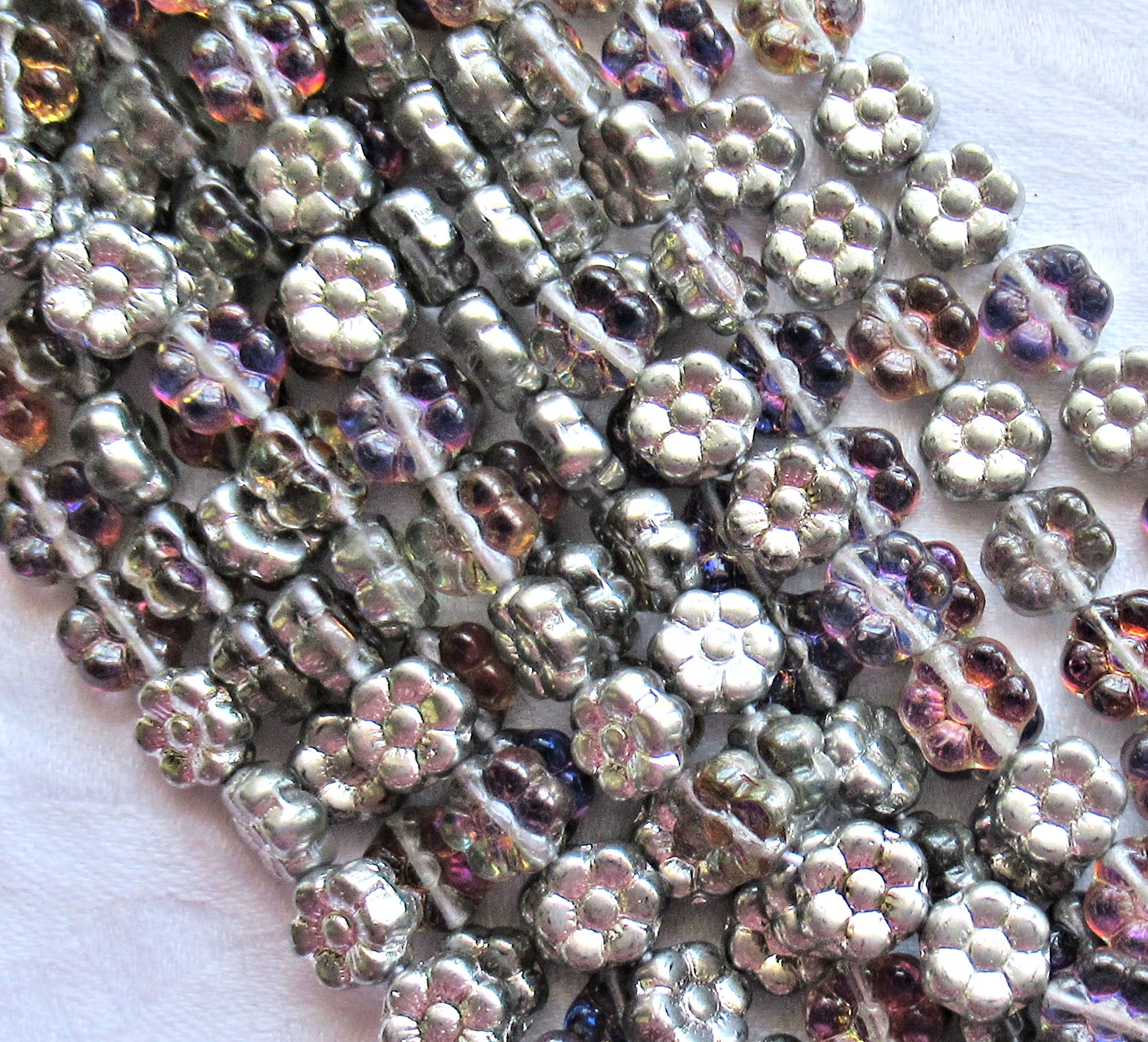 Lot of 25 8mm Amethyst / Silver Czech glass flower beads - purple & silver pressed glass flower beads - C5301 - Glorious Glass Beads
