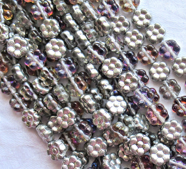 Lot of 25 8mm Amethyst / Silver Czech glass flower beads - purple & silver pressed glass flower beads - C5301