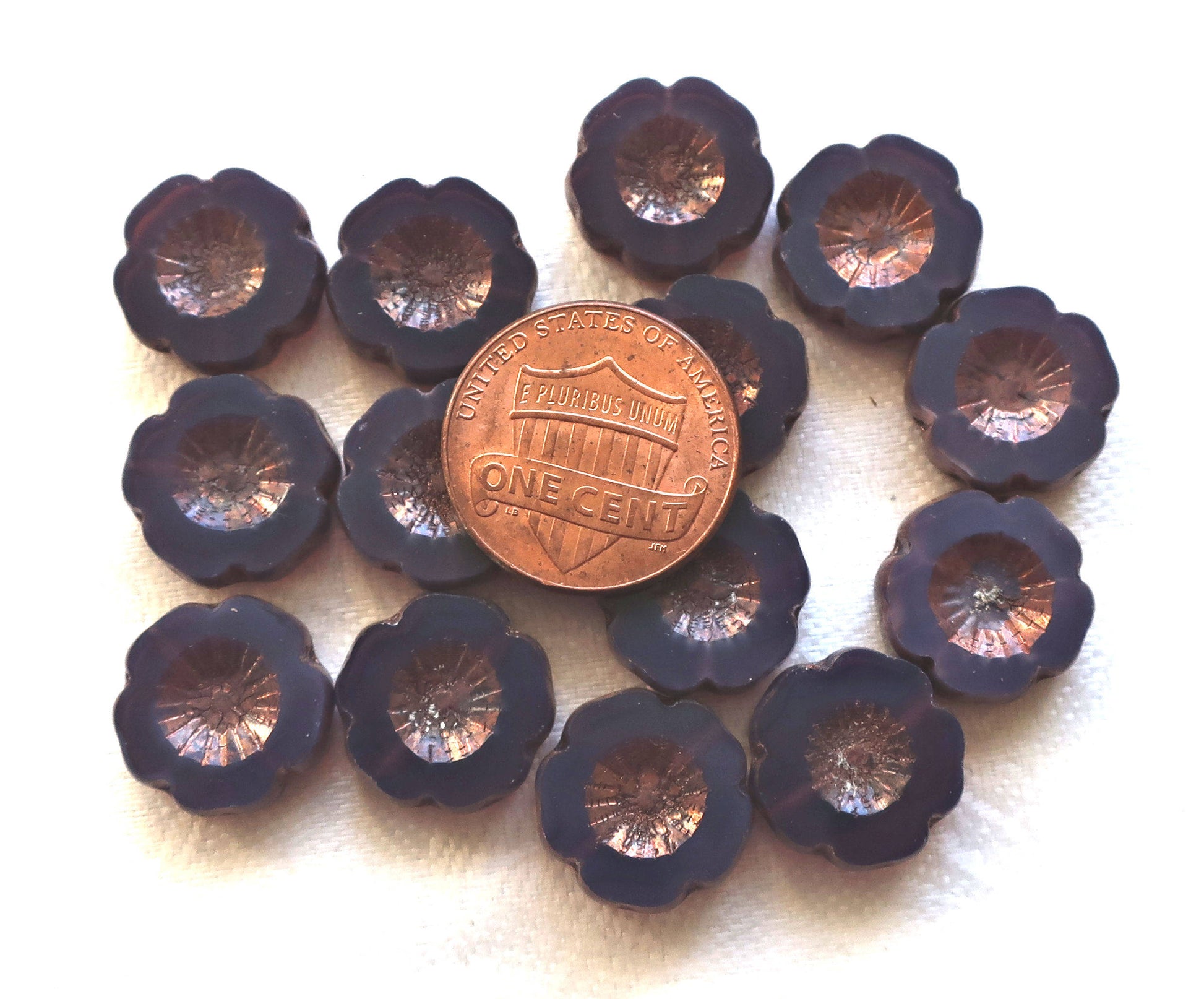 Six 14mm table cut, carved Czech glass flower beads, translucent amethyst, purple opal with a bronze picasso finish, Hawaiian Flowers C8901 - Glorious Glass Beads