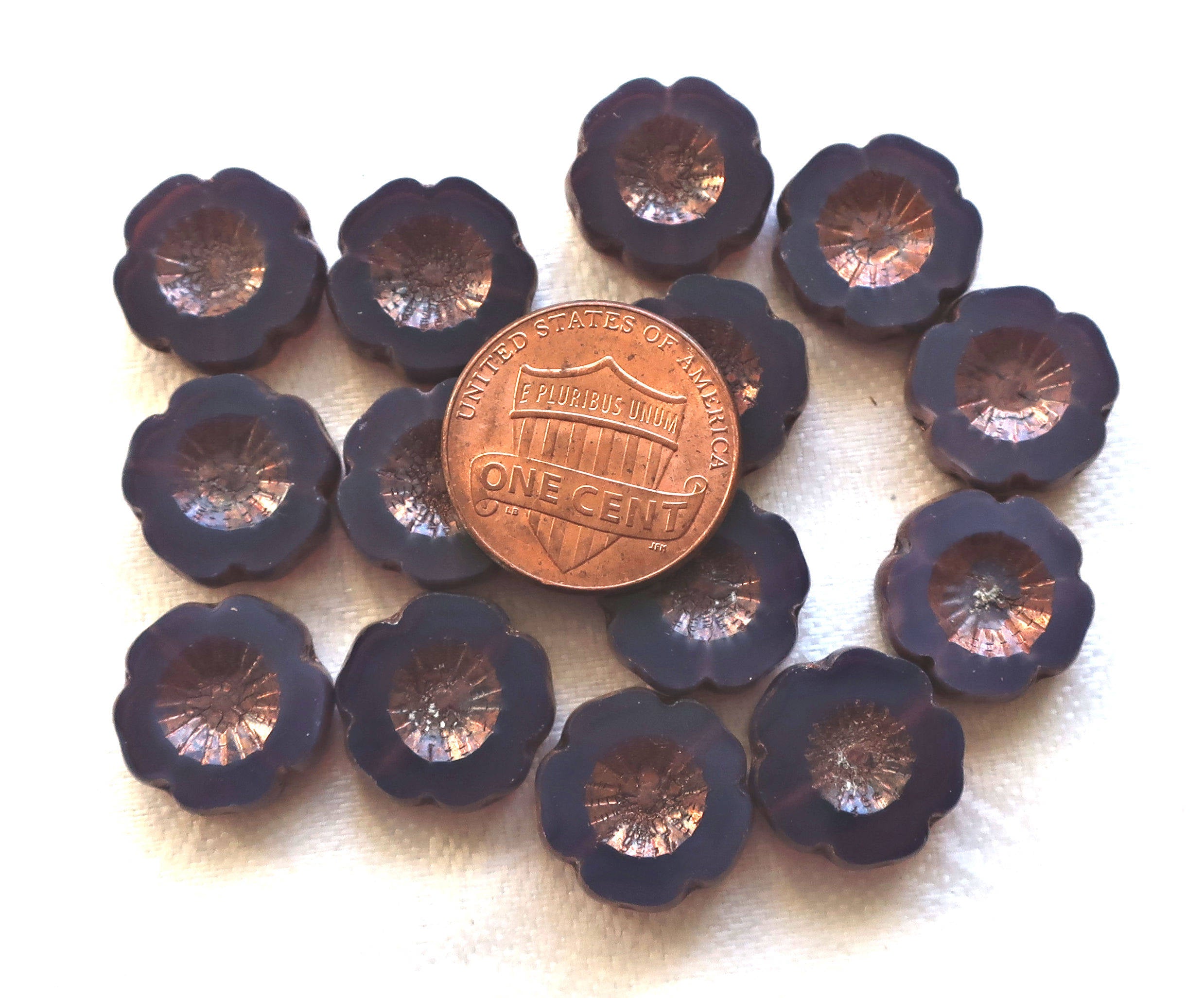 Six 14mm table cut, carved Czech glass flower beads, translucent amethyst, purple opal with a bronze picasso finish, Hawaiian Flowers C8901 - Glorious Glass Beads