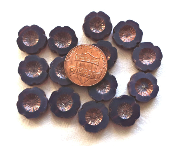 Six 14mm table cut, carved Czech glass flower beads, translucent amethyst, purple opal with a bronze picasso finish, Hawaiian Flowers C8901 - Glorious Glass Beads